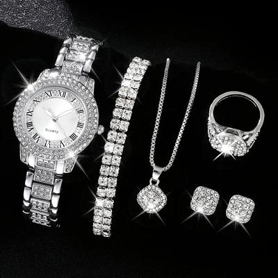 Dámske hodinky Elegantné Rím Móda Quartzové hodinky Trblietavé kamienky Analógové náramkové hodinky & 6ks Šperkovnica, Darček Pre Mamu Ju