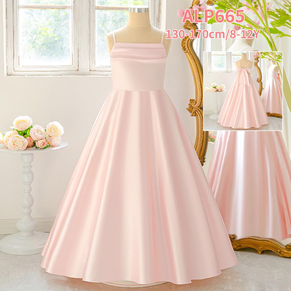 French Satin Girls' Formal Irregular Spaghetti Strap Dress - Elegant Puffy Princess Evening Gown