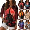 Women's Casual Halloween Print V Neck Button Three Quarter Sleeve T Shirt Linen Blend Top for Autumn Seasonal Wear