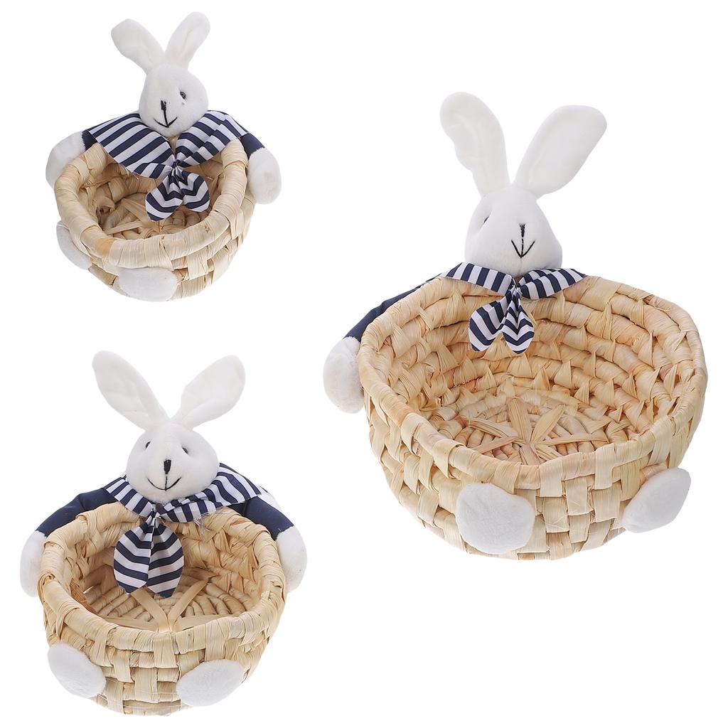 3 Pcs White Basket Rabbit Storage Nesting Bin Straw Sundries Woven Yellow Handmade