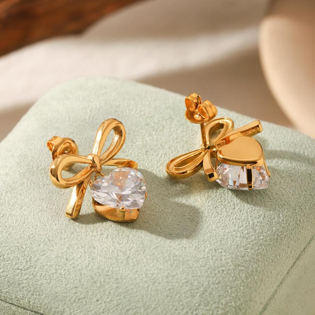 Stainless Steel Zircon Heart & Bow Earrings - European & American Inspired Luxury Titanium Jewelry