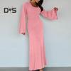 Women Dress U Neck Long Sleeve A Line Slim Fit Skinny Elastic Long Horn Sleeve Back Strap Lace Up Ankle Length Solid Color Maxi Dress