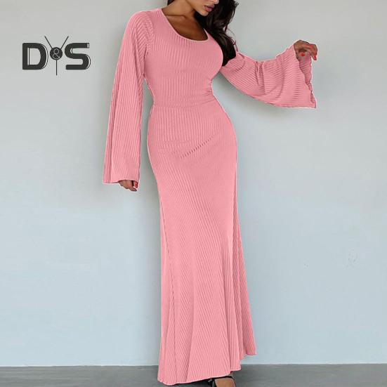 Women Dress U Neck Long Sleeve A Line Slim Fit Skinny Elastic Long Horn Sleeve Back Strap Lace Up Ankle Length Solid Color Maxi Dress