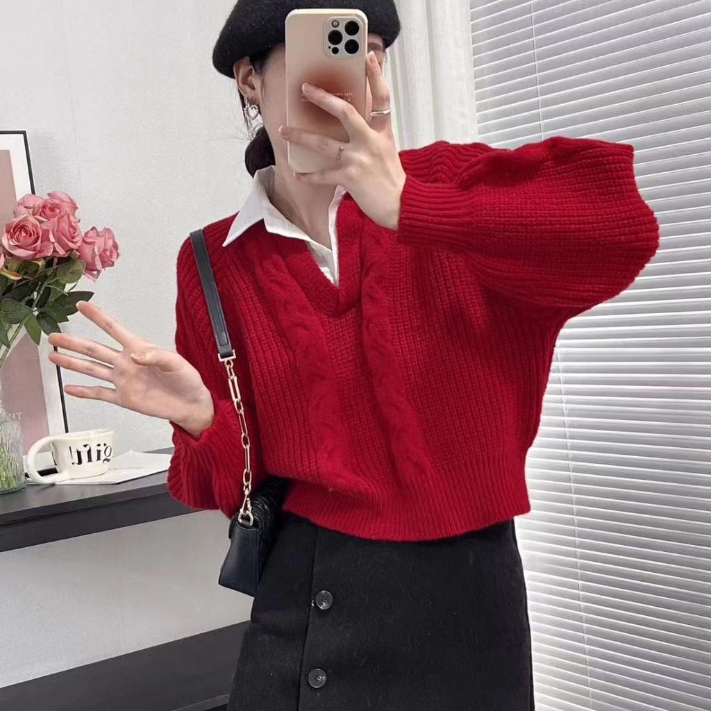 Korean Fake Two Piece Cable Knit Sweater Women Autumn Design Pullover Loose Slim Outerwear Top