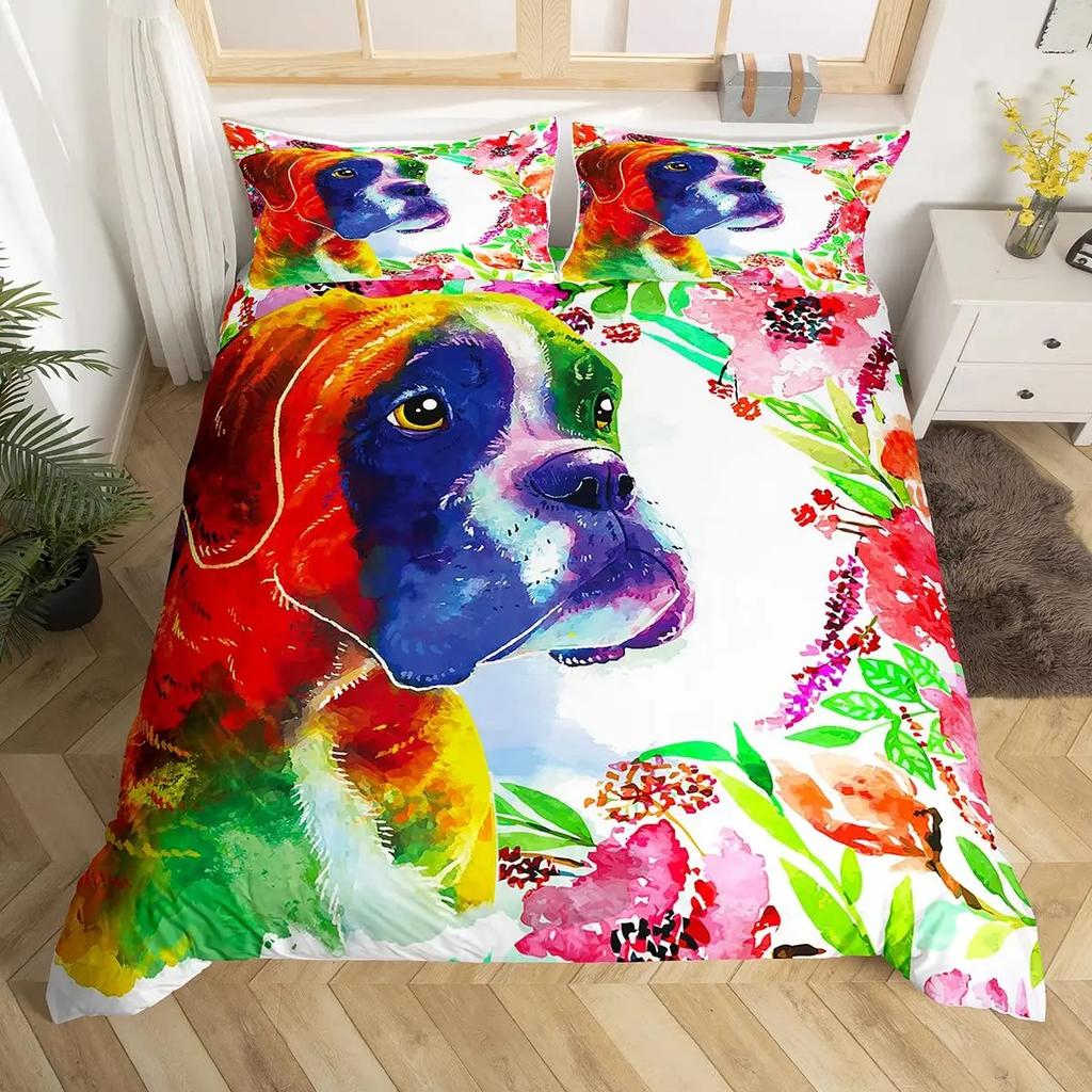 Watercolor Dog Bedding Set Cute Happy Colorful Puppy Duvet Cover Cartoon Bedding Decoration Queen for Women Children Girls Gift