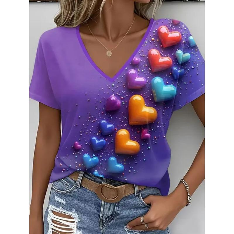 Summer New Women's T-shirt Fashionable Casual Versatile Plant Vacation Style 3D Printed V-neck Short Sleeved Top