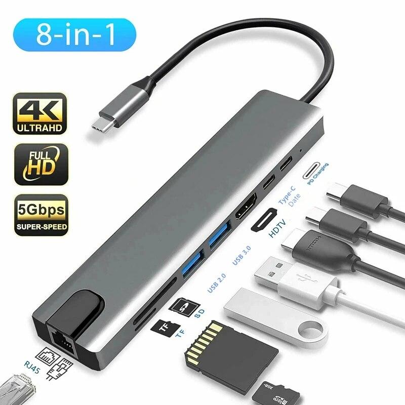 

USB C Hub 8 в 1 Type C 3.1 к 4K HDMI адаптер с RJ45 SD/TF кард-ридер PD быстрая зарядка для ноутбука MacBook ноутбук компьютер