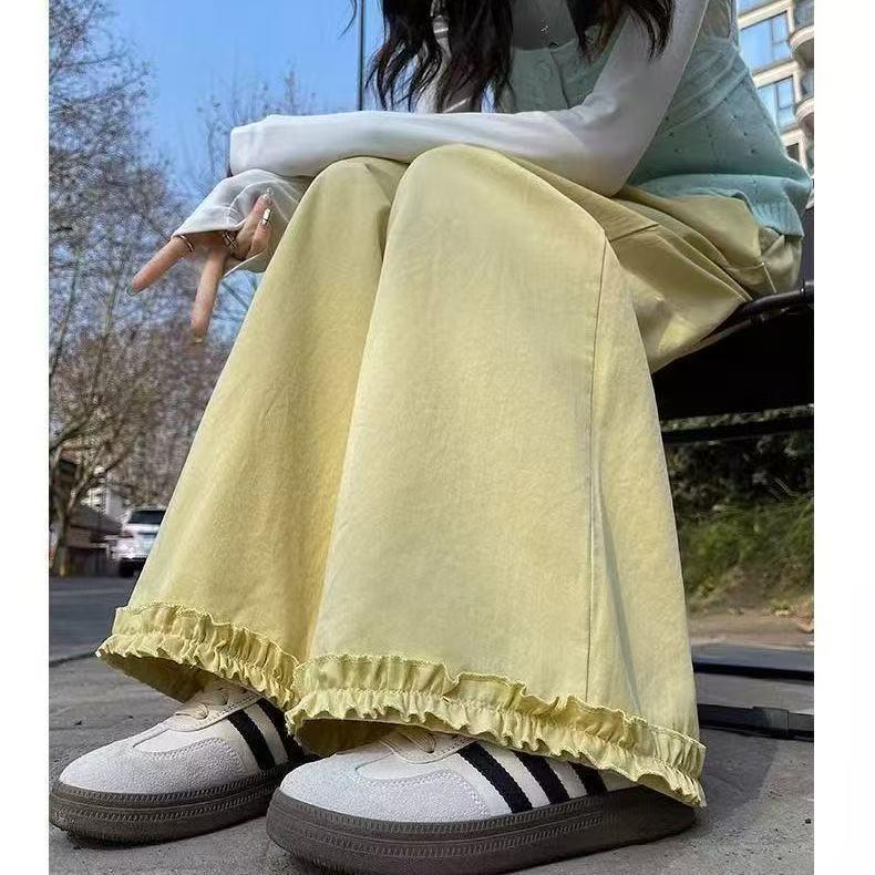 High Waist Korean Style Lace Trim Straight Leg Pants for Women - Summer Casual, Loose Fit, Versatile Cropped Design