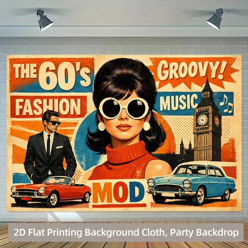 1 piece of 2D background fabric, polyester background fabric for a retro fashion music party banner from the 1960s