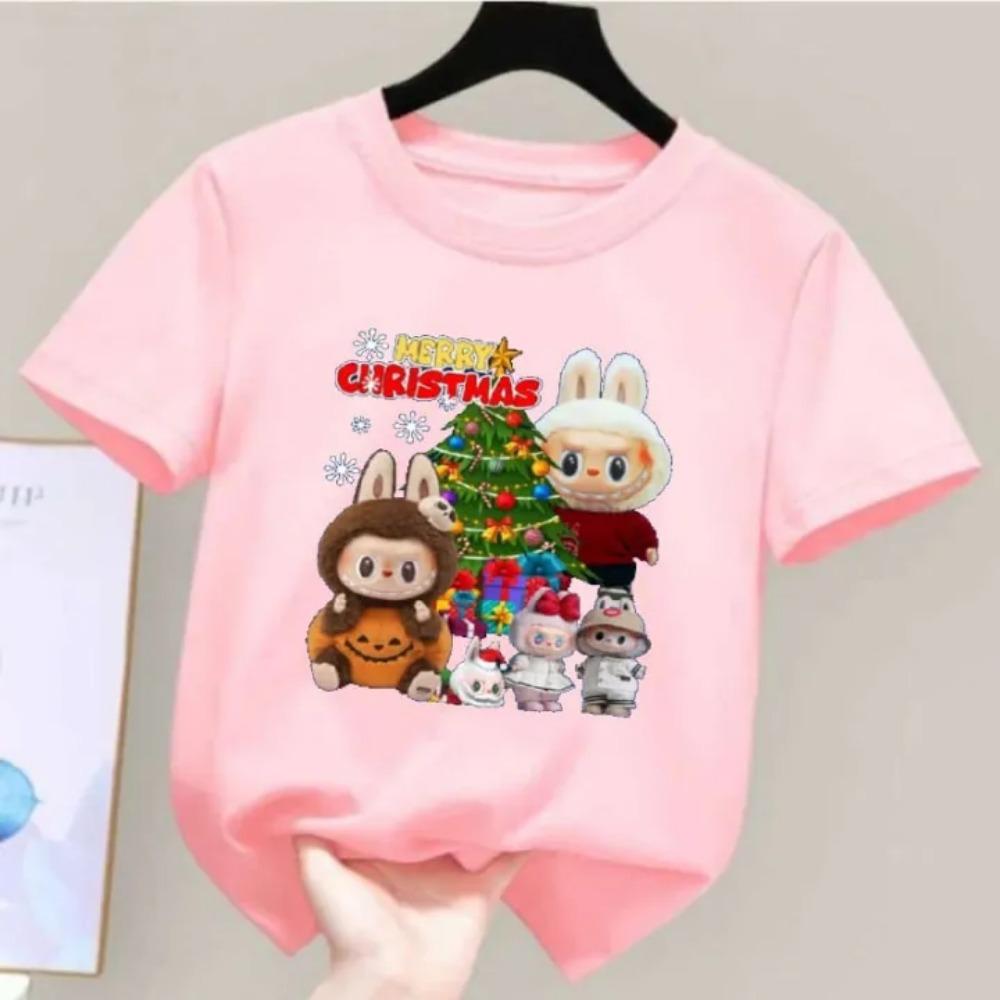 2025 New LABUBU Children's T-shirt Christmas LABUBU Style Round Neck Short Sleeved Casual Girls' Top