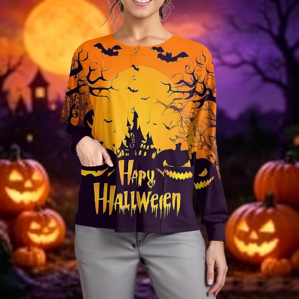 Women Casual Long Sleeve Button Up Cardigan Halloween Print Nurse Scrub Top Lightweight Comfortable Fit