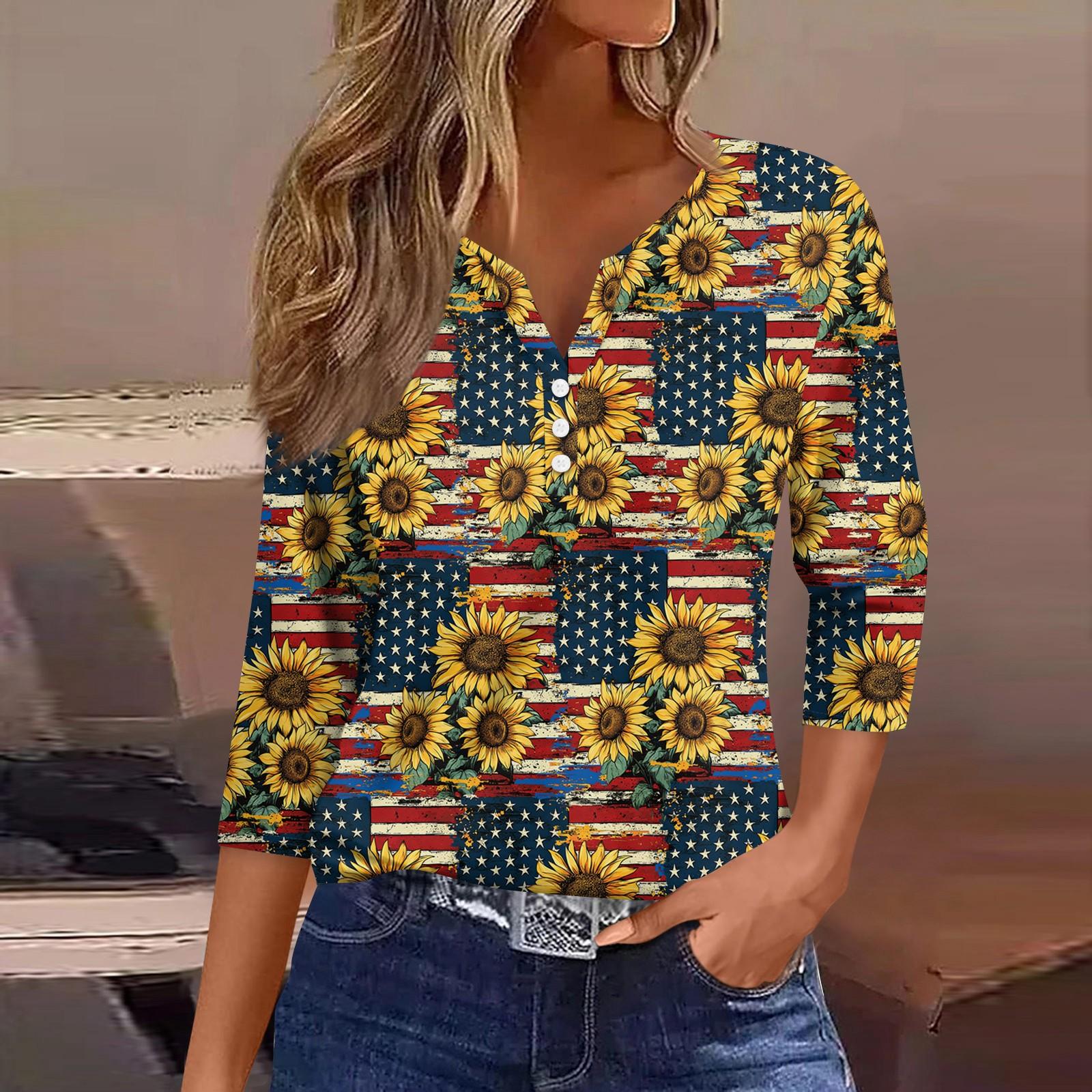 

3/4 Length Sleeve Womens Tops Print Vintage Fashion Casual Loose With V Neck Plus Size Shirts Independence Day S