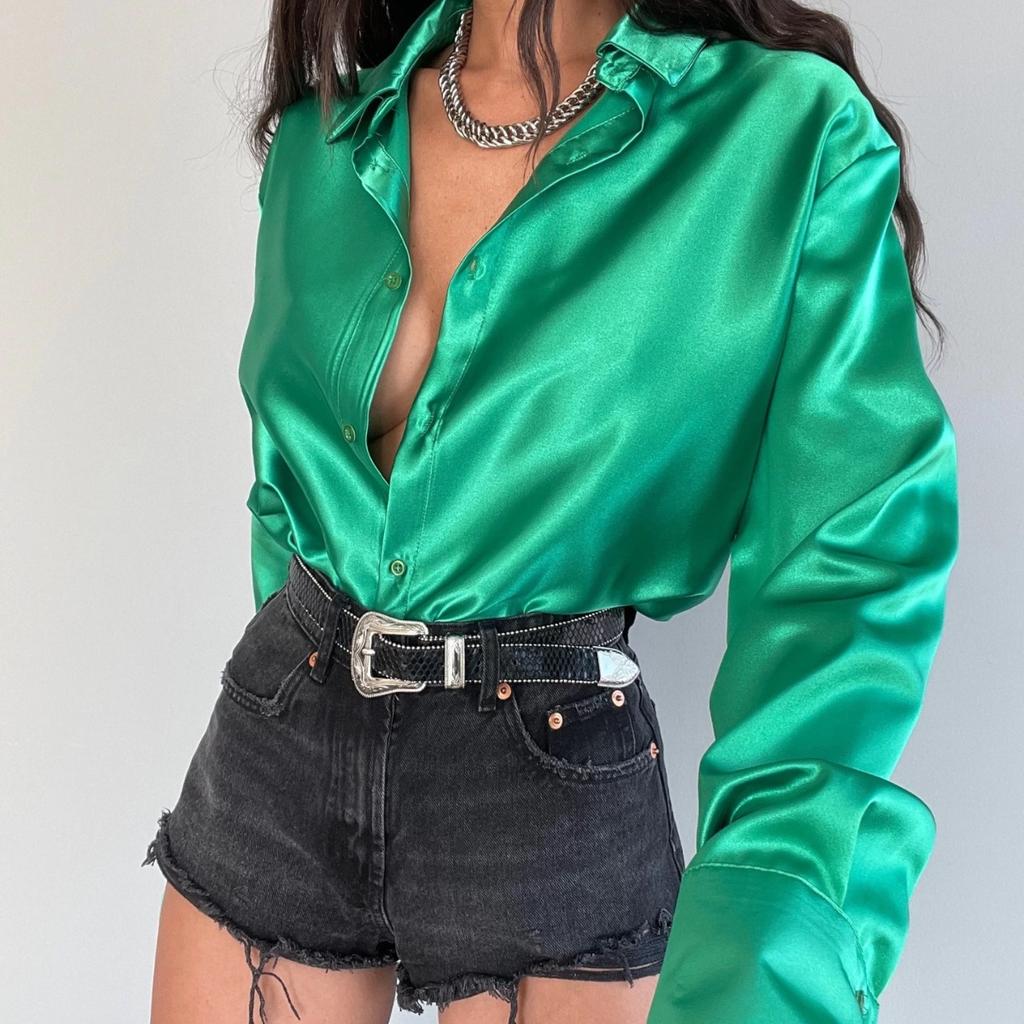 Spring Lapel Satin Single-breasted Long-sleeved Lapel Shirt Sexy Professional Shirt T-shirt Women's Wear