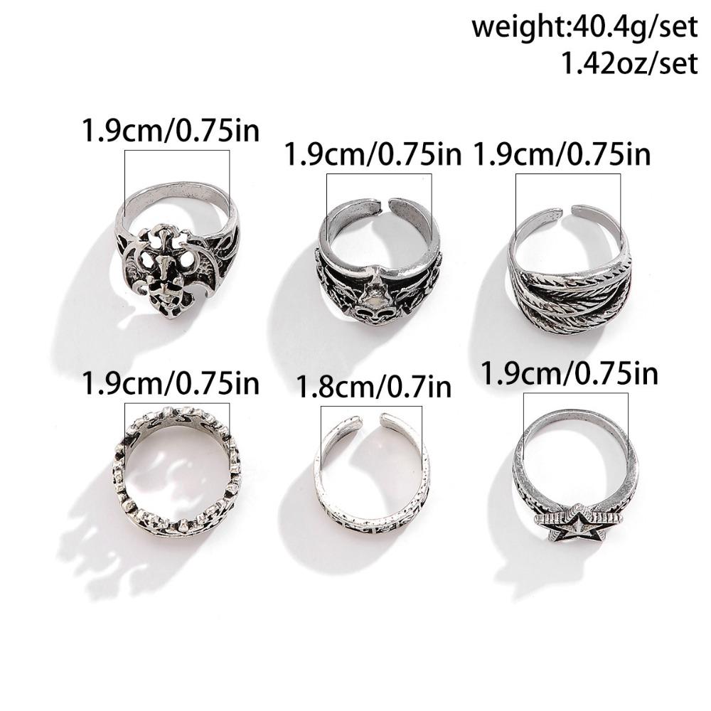 6pcs Set Punk Gothic Black Skull Spider Cross Devil's Talons Heart-shaped Open Rings for Women Halloween Party Jewelry Sets Gift