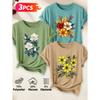 Lele Directional Three-piece set for women, elegant style T Shirt Hibiscus autumn leaves and berries floral print with an artistic and whimsical