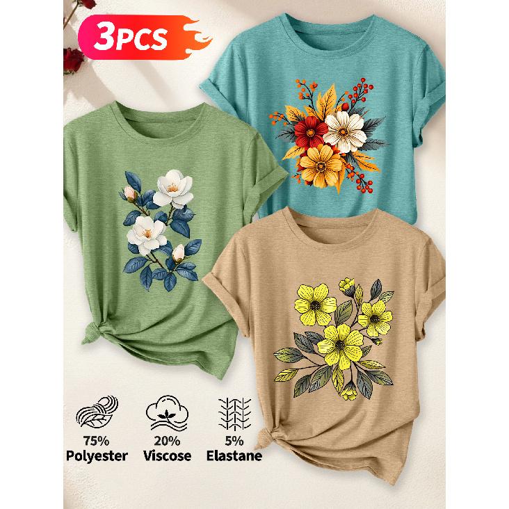 Lele Directional Three-piece set for women, elegant style T Shirt Hibiscus autumn leaves and berries floral print with an artistic and whimsical