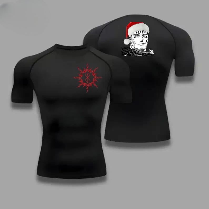 Guts Santa Hat Graphic Compression Shirts Men Gym Workout Running Tshirt Summer Athletic Quick Tees Tops Short Sleeve Rash Guard