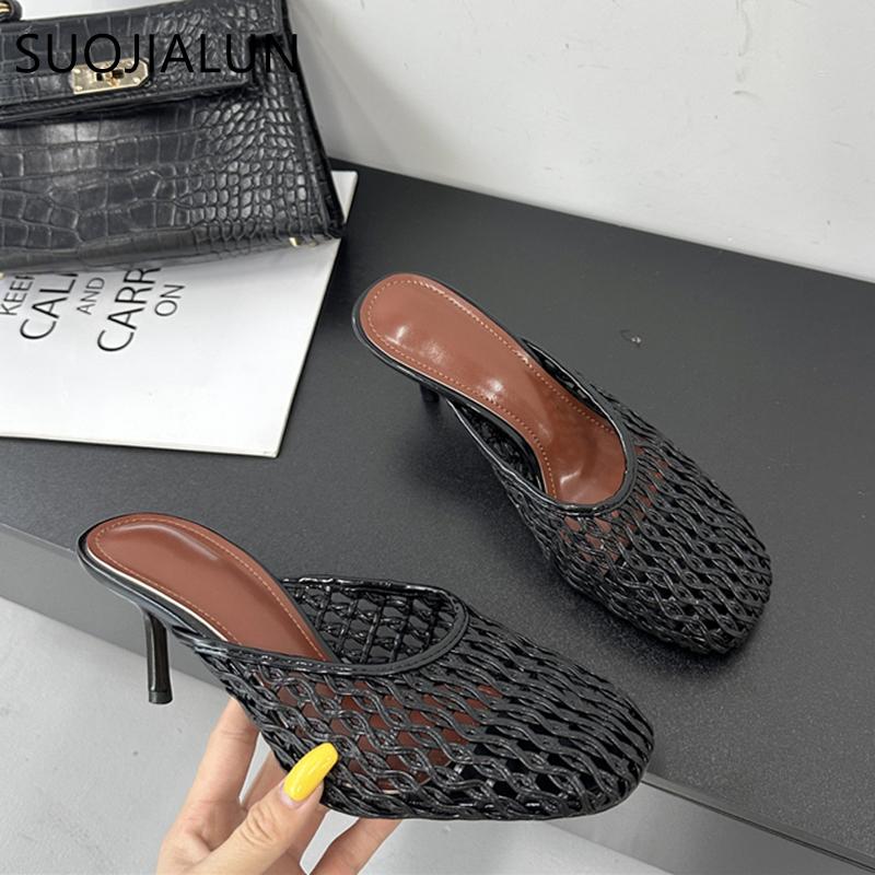Fashion SUOJIALUN 2025 New Brand Women Slipper Ladies Elegant Round Toe Slip On Mules Shoes Fashion Weave Thin High Outdoor Dress Sandal