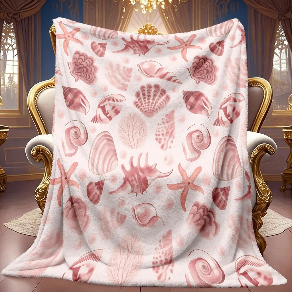 A 2D Flannel Blanket Featuring a Seashell and Starfish Themed Pattern, with Soft High-definition Digital Printing for Cooling Comfort, Suitable for Ye