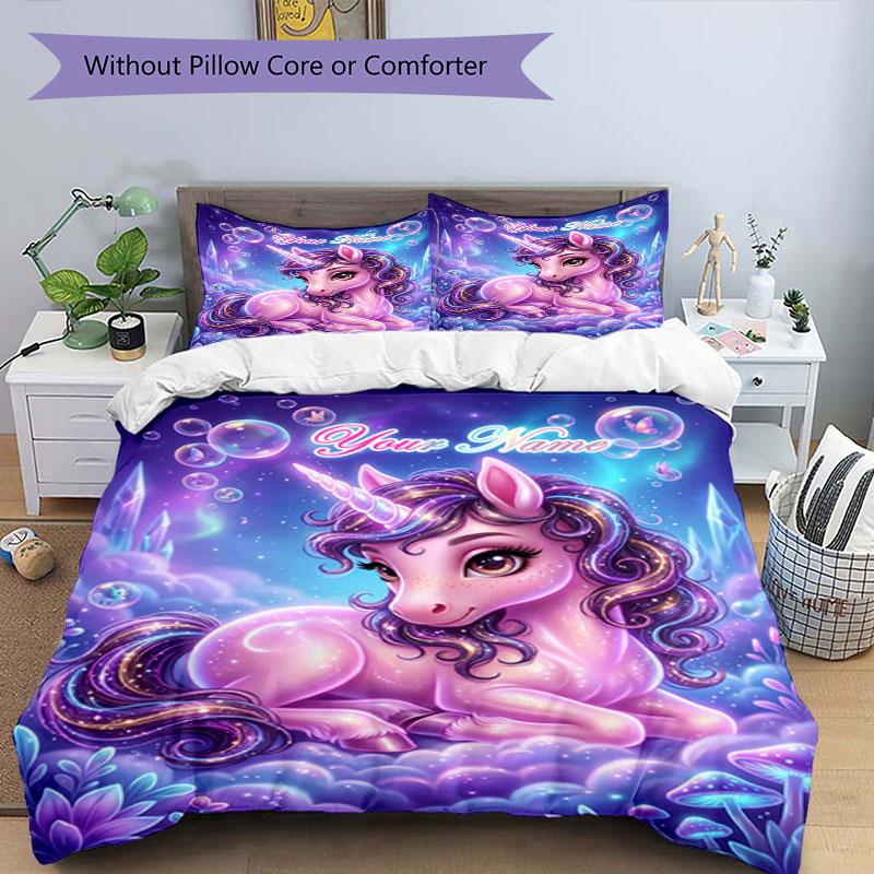 3PC Custom Name Unicorn Fantasy Artwork Bedding Set Duvet Cover Closure Includes 1 Duvet Cover & 2 Pillowcases for Bedroom