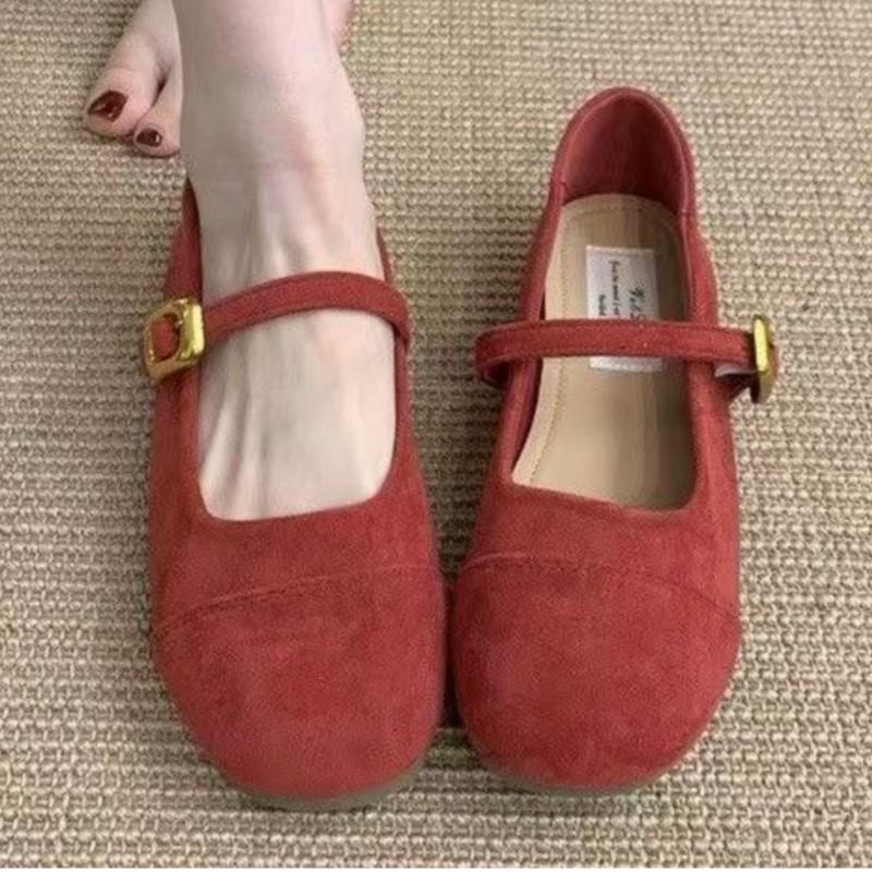 Fashion 2025 French Retro Suede Mary Jane Flats for Women Shallow Mouth Ballet Shoes Gentle Chic Red Single Shoes for Spring Autumn