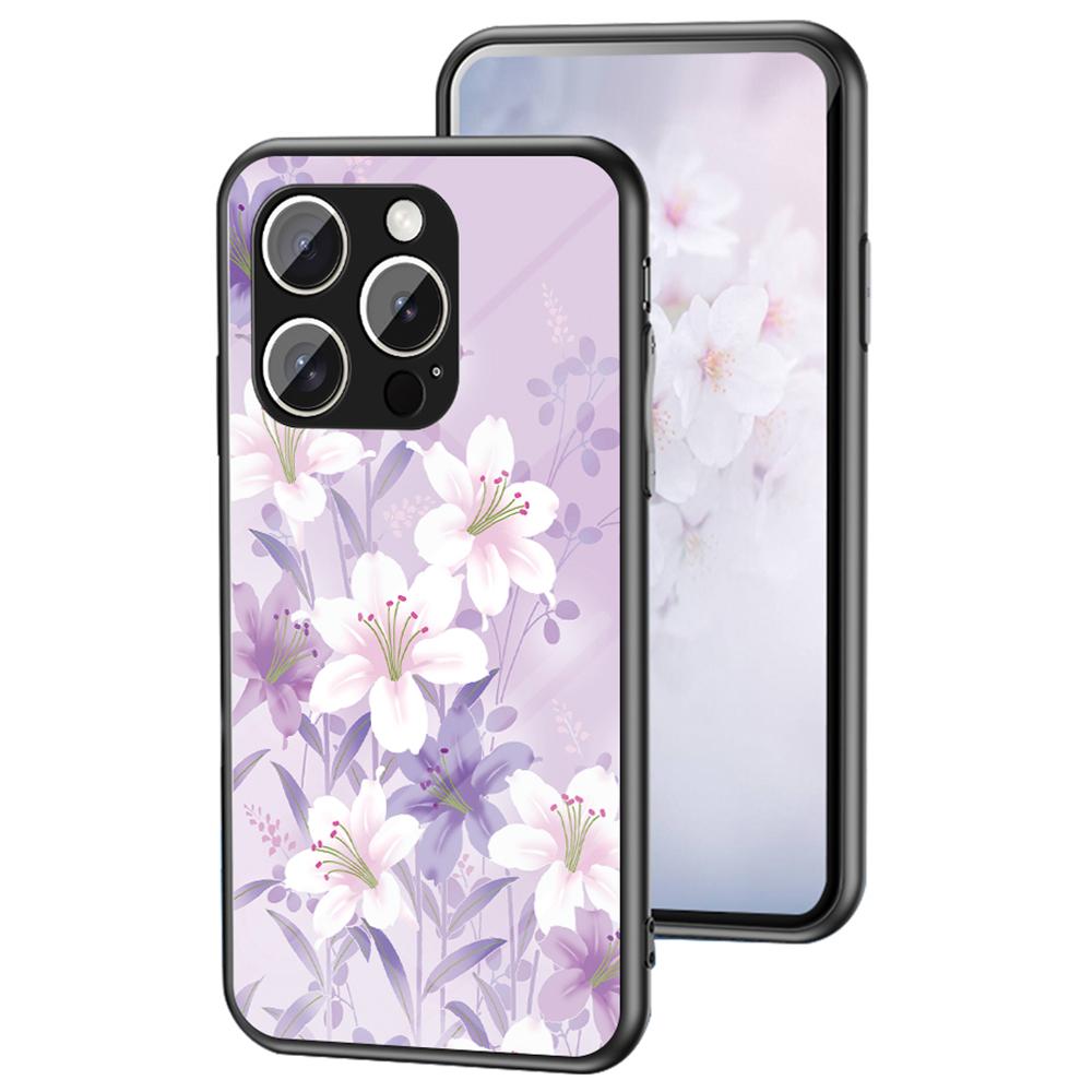 

For iPhone 16 Pro Case Floral Pattern TPU+Tempered Glass Protective Phone Cover Purple Magnolia