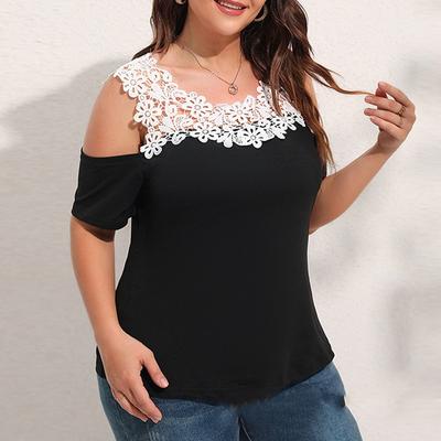 Sommer 4XL Einfache Spitze Patchwork Hemd Off Schulter Frauen Bluse 2023 Hohle Blume Kurzarm Tops Casual Frau T-shirt 28059