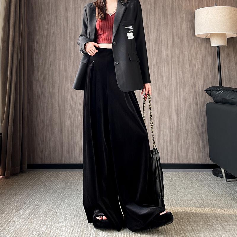 

Coffee-Colored Wide-Leg Velvet Pants: High-Waist, Drape, Casual Floor-Length Trousers for Autumn and Winter 2X-Large чорний