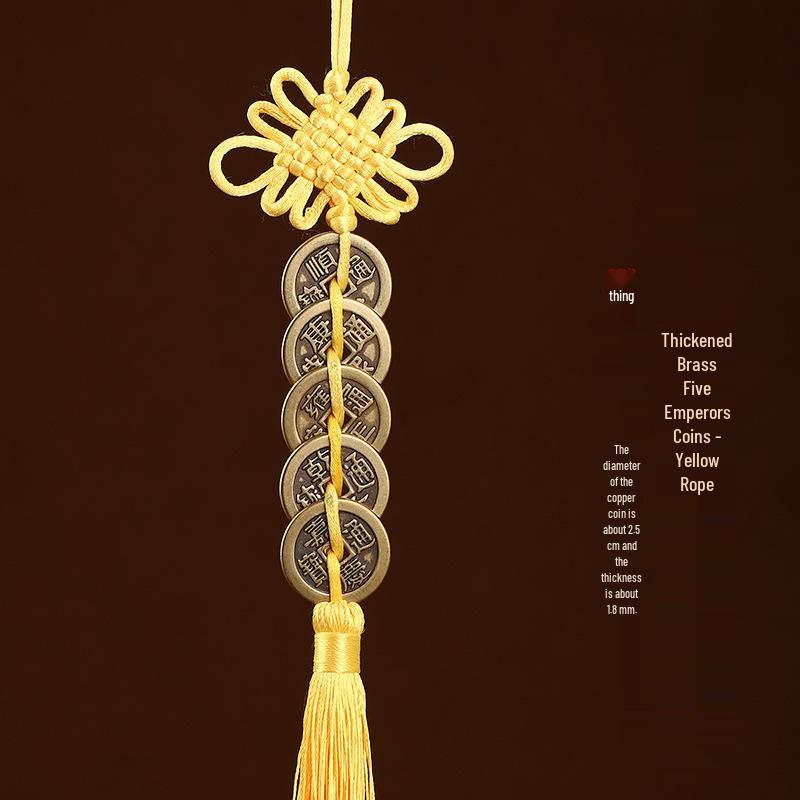 Reines Messing Fünf/Sechs Kaiser Münzen Anhänger mit Chinesischem Knoten, Rot-Gelb, Verdickt 2,5cm-2,8cm Kupfermünzen