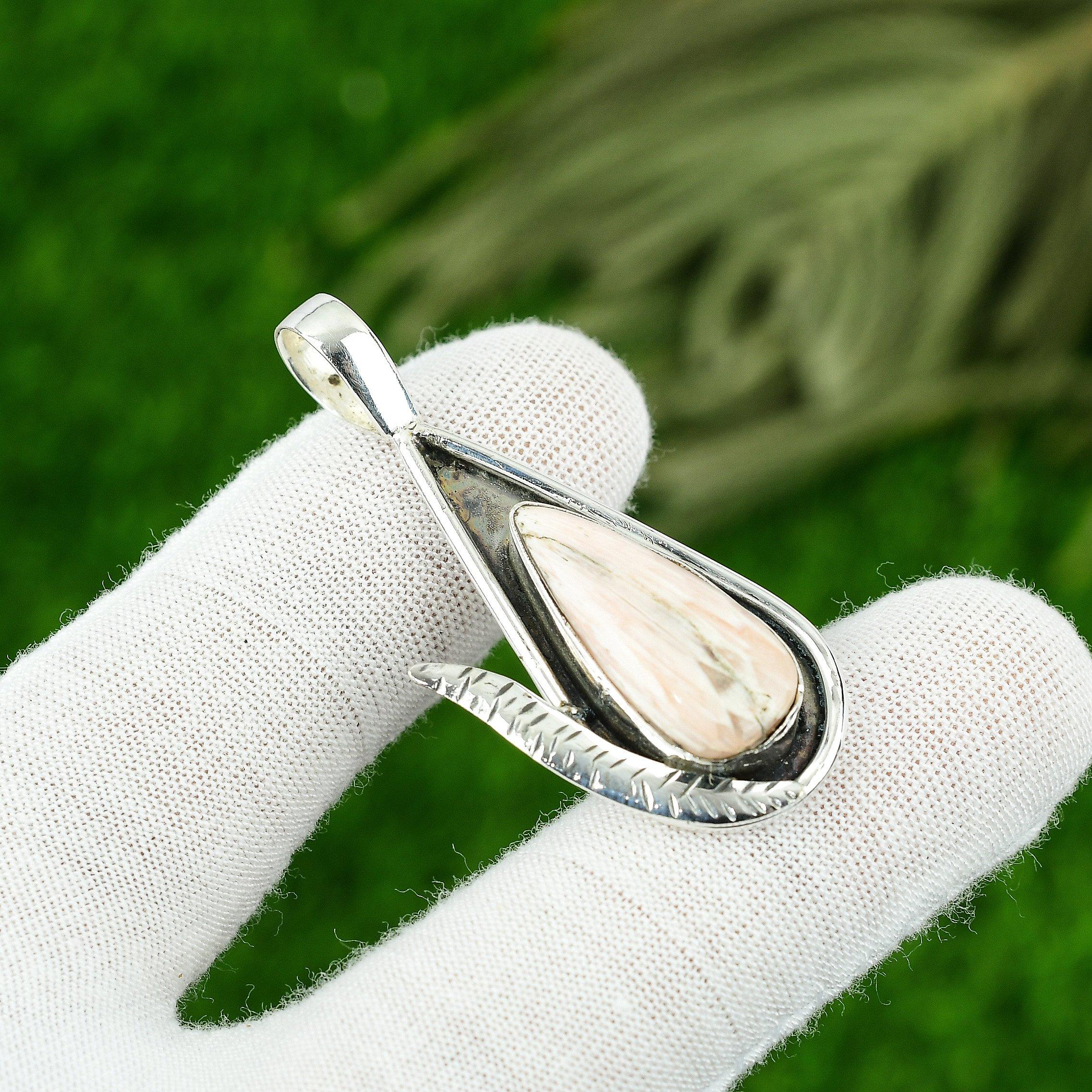 

925 Silver Pear Scolecite Gemstone Handmade Elegant Engagement Pendant Jewelry