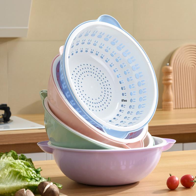 Double-Layer Round Drain Basket: Kitchen Plastic Rice & Vegetable Washing Basin