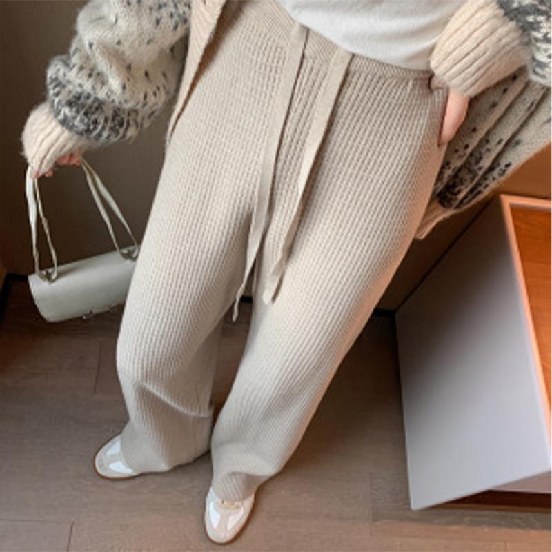 Women's Fashionable Casual Draping Knitted Wide-Leg Pants Elastic Waist Embossed Wool Mopping Trousers