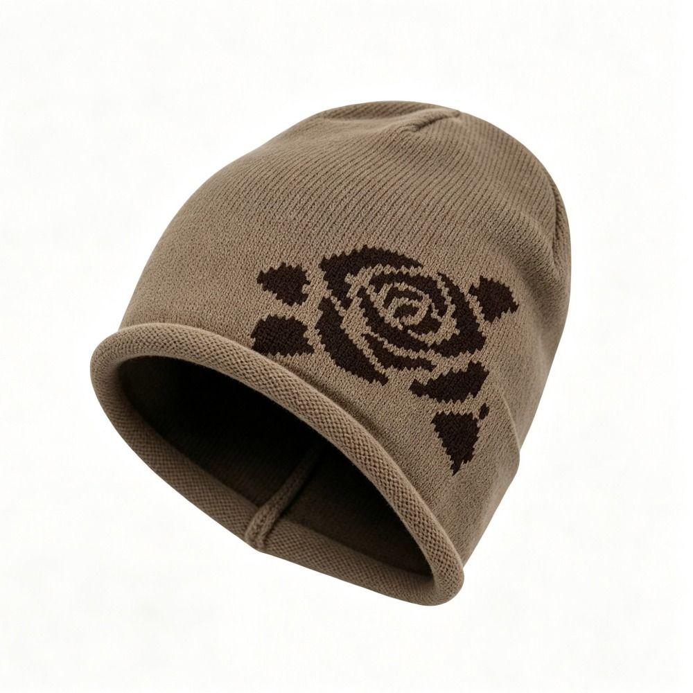 Ear Protection Warm Knitted Hat Soft Knit Rose Jacquard Beanie Winter Hat Daily Wear