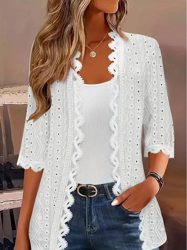 2025 Women's Mid-Sleeve Knit Cardigan with Lace Collar - Fashionable and Versatile Outerwear