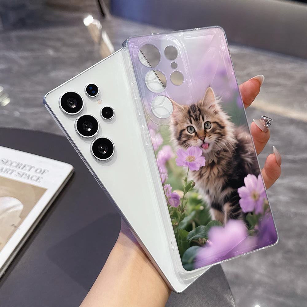 Tabby Kitten with Purple Flower Phone Case for Samsung Galaxy S26 S25 S24 S23 S22 S21 S20 FE Plus Lucency TPU Protection Cover