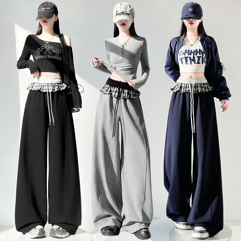 Plaid Patchwork Ruffle Women's Wide-Leg Sweatpants - Spring 2026 Hot Girl Style