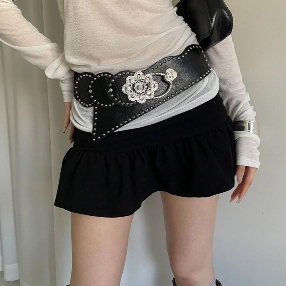 Rhinestone Flower Retro Street Rivet Belt Rivet PU Leather Belt Fashion Wide Waistband  Pants