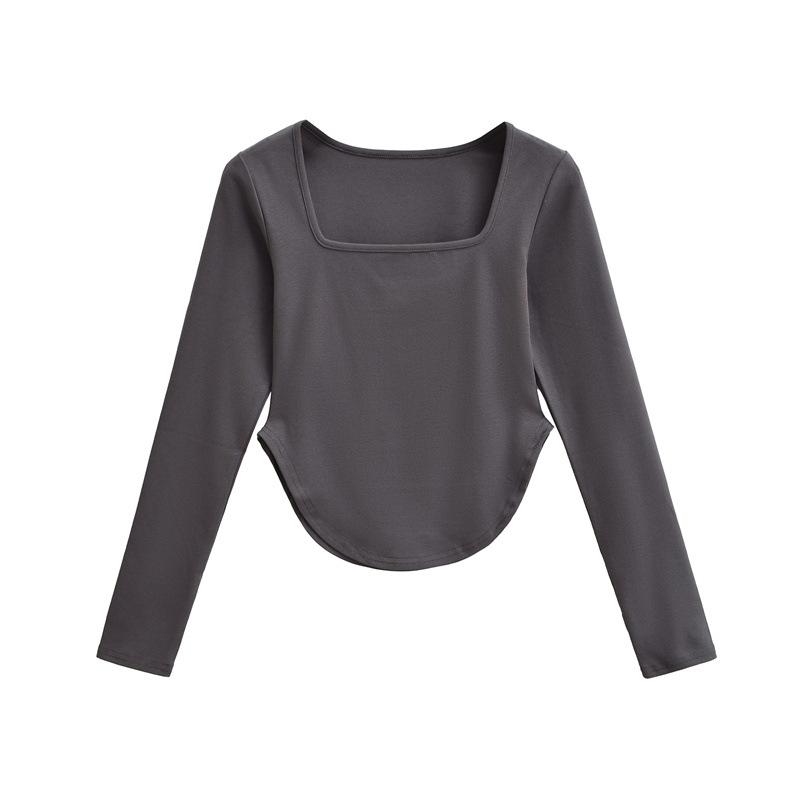 Spicy Girl Square Neck Cinched Waist Long Sleeve T-Shirt for Women - Spring/Autumn Base Layer, High Waist, Curved Style Top