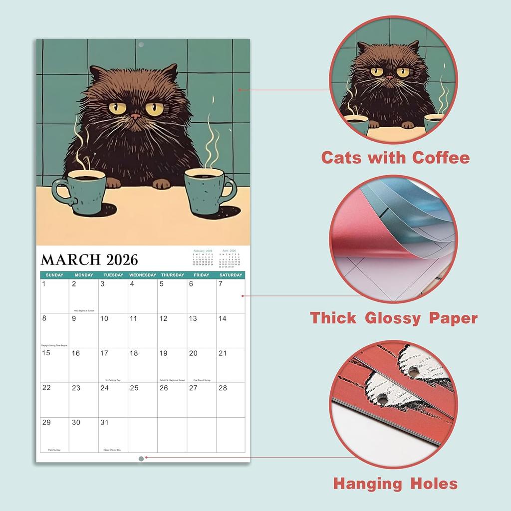 2026 Wall Calendar - 2026 Calendar, January - December 2026, 12" x 24" (Open), Cats Calendar 2026 with Hanging Hole for Home & Office