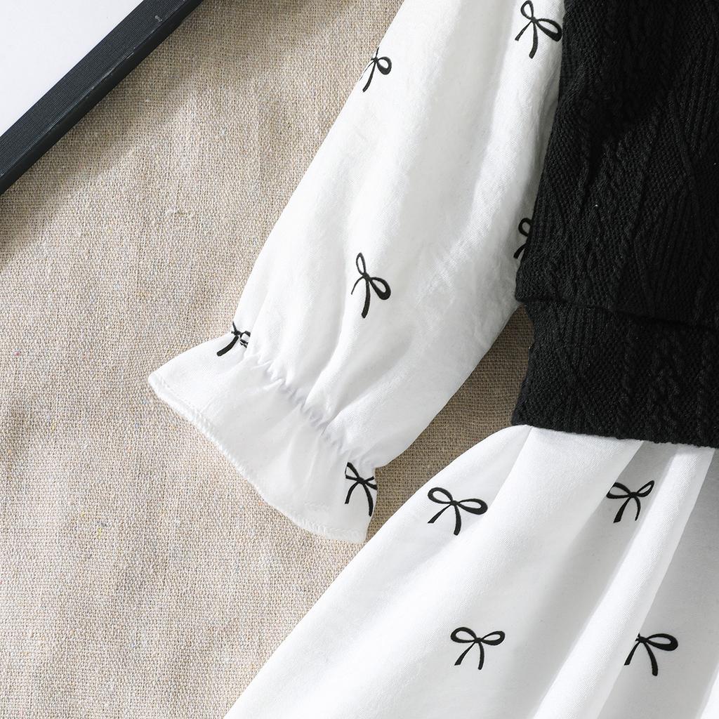 Girls Black and White Bow Print Doll Collar Long Sleeve A-Line Dress 2-Piece Set