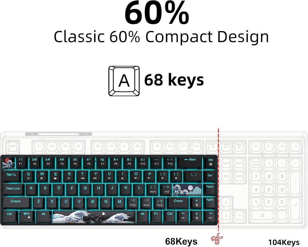 68 Keys 60% Mechanical Gaming Keyboard Hot Swappable Blue Switch Ice Blue Backlight Detachable USB-C Cable For Windows Mac Linux