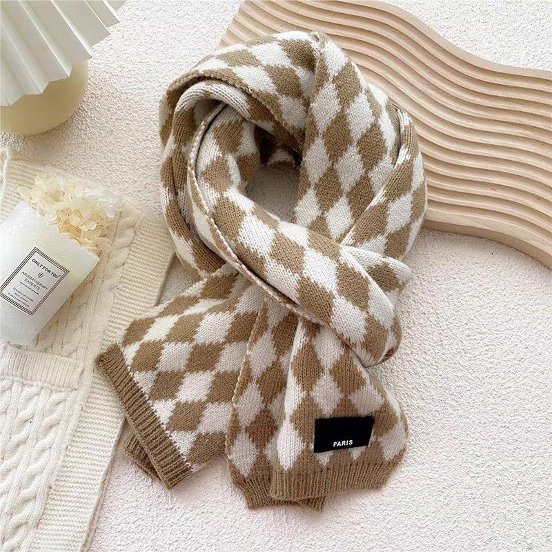 New Christmas Red Rhombus Knitted Scarf Female Autumn and Winter Student Couple Warm Fashion Versatile Scarf