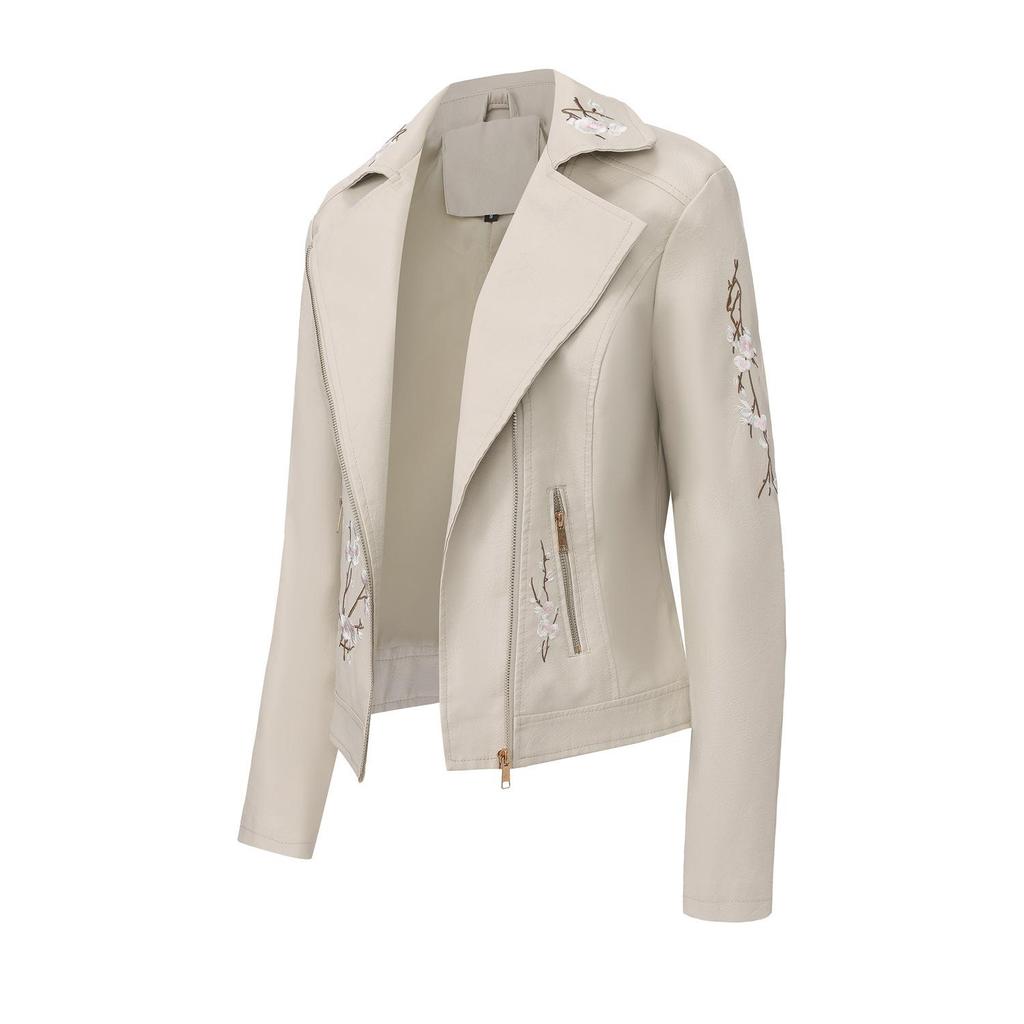Women’s Faux Leather Jackets Embroidered Flower PU Bomber Coat Diagonal Zipper Outer Wear Autumn Winter Spring Motorcycle Biker Jacket