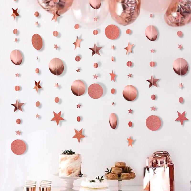 4M Paper Star Round Garland Rose Gold Hanging Banner Flag DIY Adult Kids Birthday Party Decoration Supplies Wedding Baby Shower