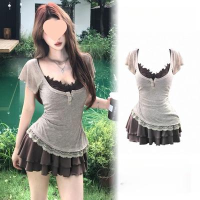 Pure Desire Women's Summer Sweet & Spicy Two-Piece Set: Slimming Short-Sleeve Cover-Up Top & Pleated Camisole Mini Skirt