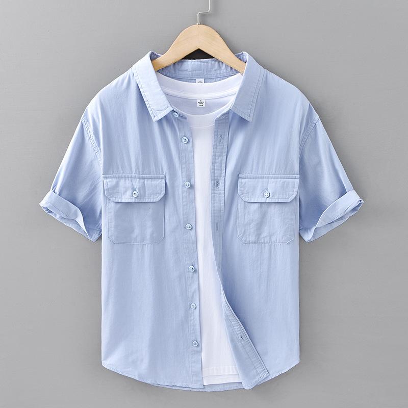 

Летняя модная рубашка с коротким рукавом для мужчин в японском стиле, рабочая одежда, рубашка с двойными карманами, чистый хлопок, воротник-лацкан, повседневные мужские топы 3XL небесно-голубой