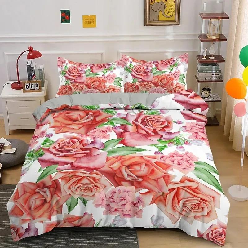 Comforter 3D Rose Flower Queen King Double Bedding Set 3Pcs With Zipper Closure King Size Polyester