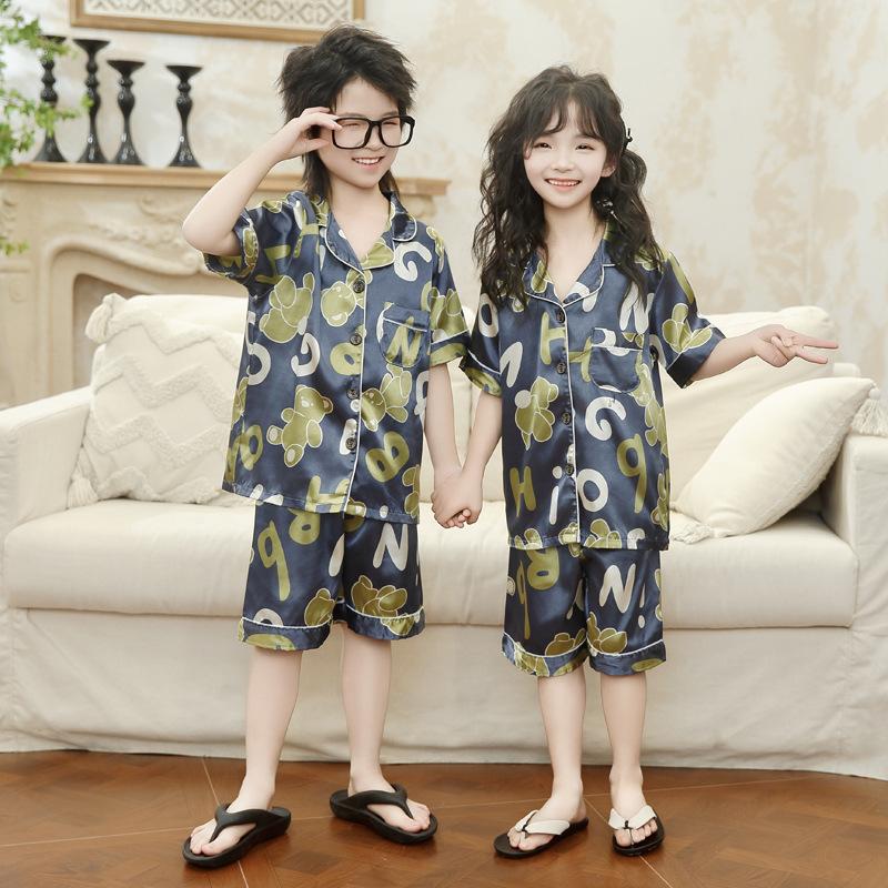 

Children S Home Wear Set Summer Ice Silk Short-Sleeve Pajamas For Boys And Girls Parent-Child Matching Outfits Medium And Large Children S Clothing 100cm