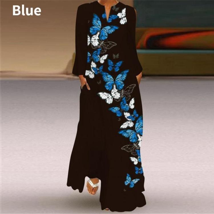 Fashion Graphic Print Long Sleeve Maxi Dress for Women V Neck Loose Casual Floor Length Dress with Pocket