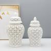 Modern Dried Flower Vase Hollow Ceramic Ginger Jar Desktop Storage Jar with Lid Home Decoration Flower Arrangement Accessories